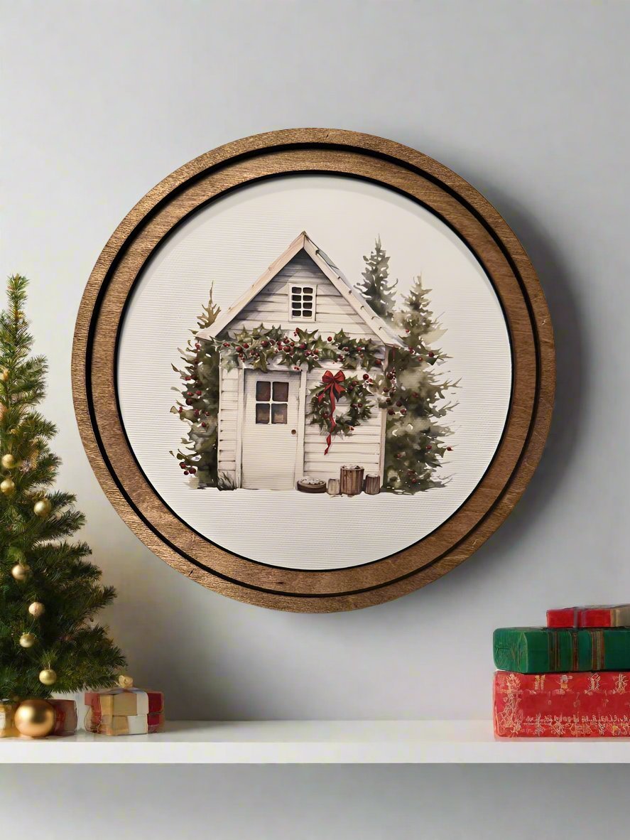 Handcrafted Retro 8" Canvas on Wood Christmas Shed with Holly Framed Art - The Primitive Pineapple Collection
