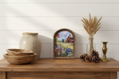 Handcrafted Retro 8" Canvas on Wood Arch Top Patriotic Farm Framed Art - The Primitive Pineapple Collection