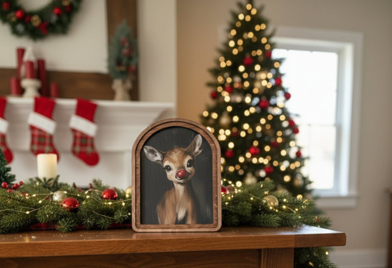 Handcrafted 8&quot; Canvas on Wood Christmas Arch Top Rudolph Framed Art - The Primitive Pineapple Collection