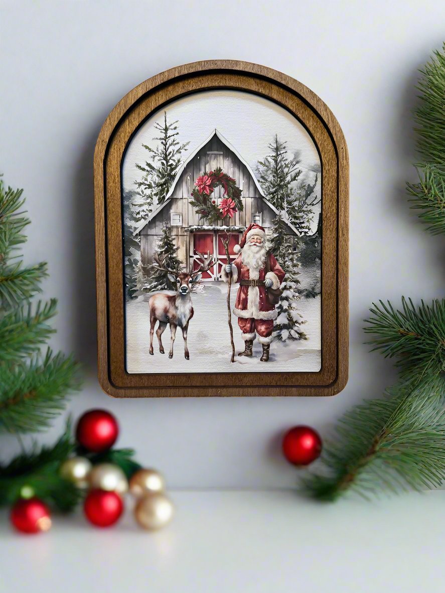 Handcrafted 8&quot; Canvas on Wood Christmas Santa Barn w/ Reindeer Framed Art