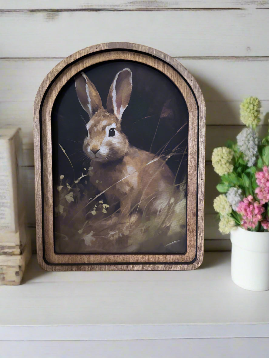 Handcrafted Retro 8&quot; Canvas on Wood Spring Easter Sitting Bunny Framed Art