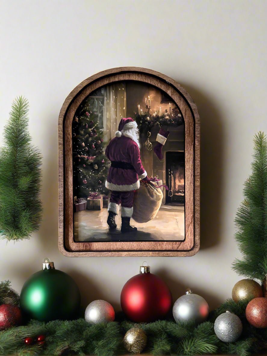 Handcrafted 8&quot; Canvas on Wood Christmas Arch Top Santa by Fireplace Framed Art - The Primitive Pineapple Collection