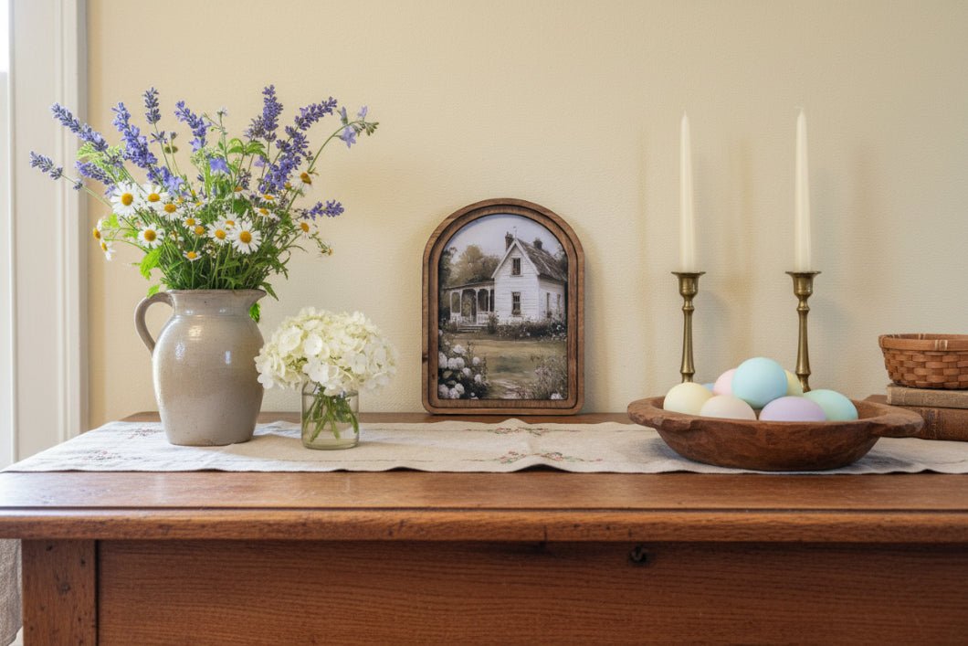 Handcrafted Retro 8" Canvas on Wood Primitive Spring Farmhouse Painting Arched Framed Art - The Primitive Pineapple Collection