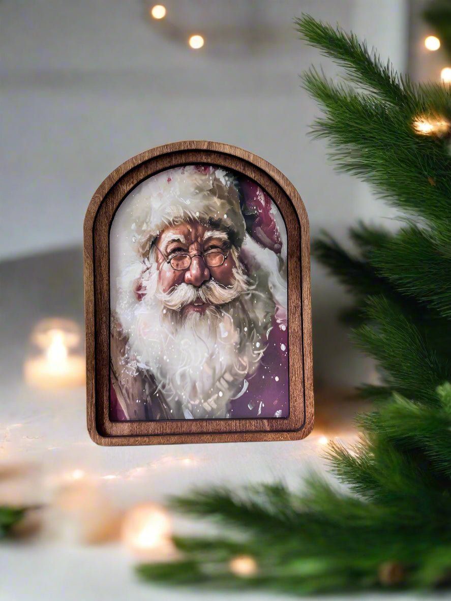 Handcrafted 8&quot; Canvas on Wood Christmas Arch Top Snowy Santa Framed Art - The Primitive Pineapple Collection