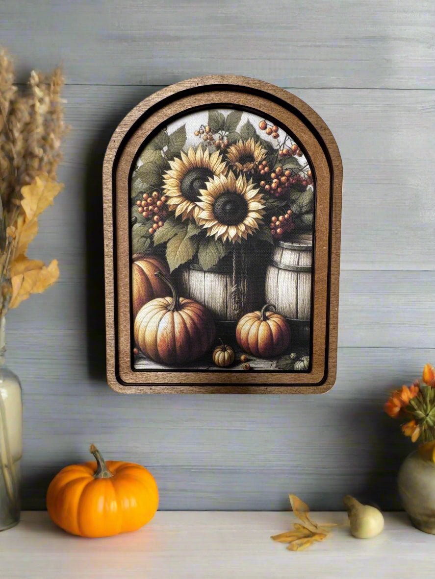 Handcrafted Fall/Autumn Retro 8&quot; Canvas on Wood Arch Top Sunflower/Pumpkin Framed Art - The Primitive Pineapple Collection