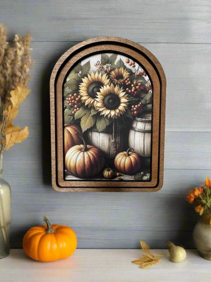 Handcrafted Fall/Autumn Retro 8&quot; Canvas on Wood Arch Top Sunflower/Pumpkin Framed Art - The Primitive Pineapple Collection