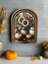 Handcrafted Fall/Autumn Retro 8" Canvas on Wood Arch Top Sunflower/Pumpkin Framed Art - The Primitive Pineapple Collection