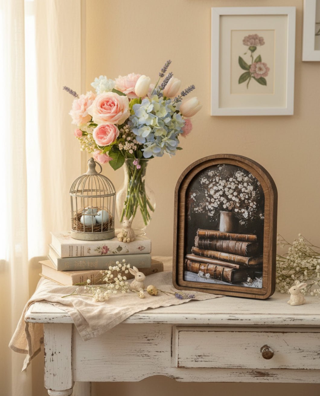 Handcrafted Retro 8" Canvas on Wood Books with Flowers Framed Art - The Primitive Pineapple Collection