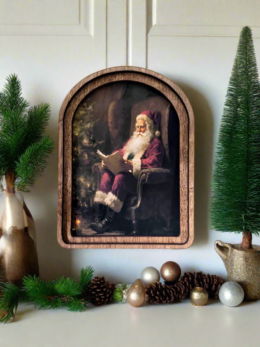 Handcrafted 8&quot; Canvas on Wood Christmas Arch Top Santa Reading Framed Art - The Primitive Pineapple Collection