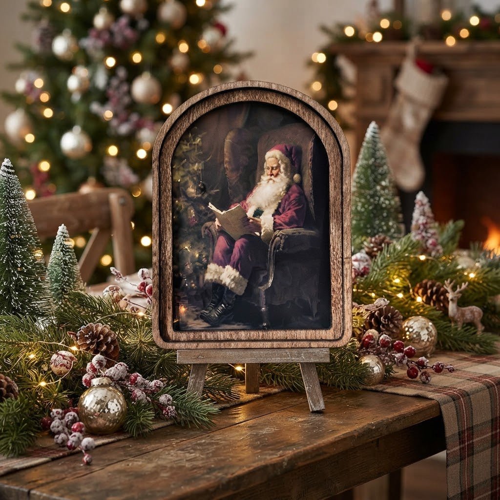 Santa Reading Arch Top Framed Christmas Art, 6" x 8" - The Primitive Pineapple Collection
