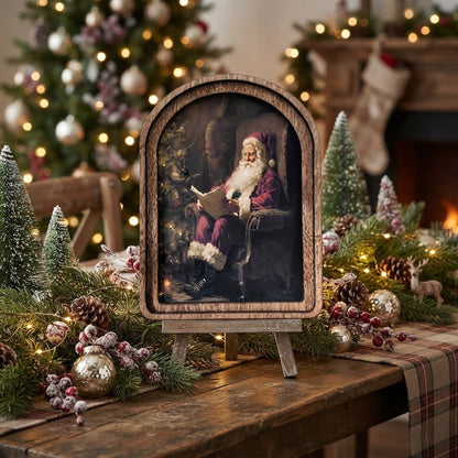 Santa Reading Arch Top Framed Christmas Art, 6" x 8" - The Primitive Pineapple Collection