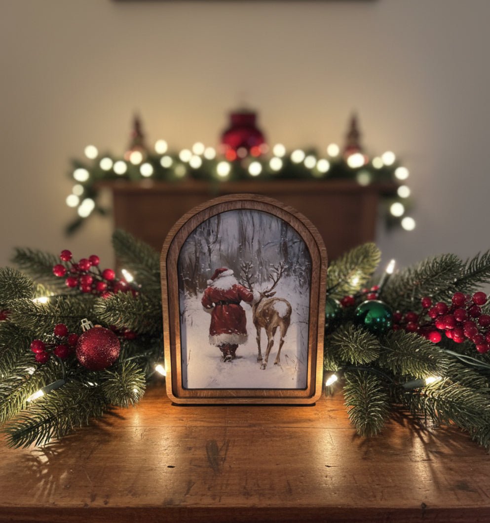 Handcrafted 8&quot; Canvas on Wood Christmas Arch Top Santa With Reindeer Framed Art - The Primitive Pineapple Collection
