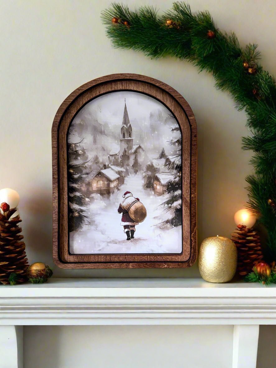 Handcrafted 8&quot; Canvas on Wood Christmas Arch Top Village Santa Framed Art - The Primitive Pineapple Collection