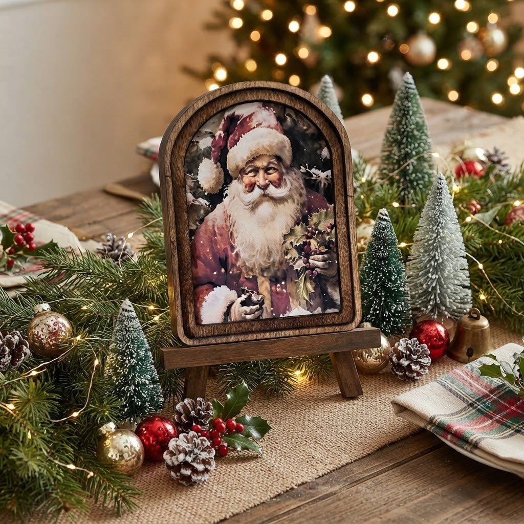 Santa with Holly Arch-Top Framed Canvas Art, 6" x 8" - The Primitive Pineapple Collection