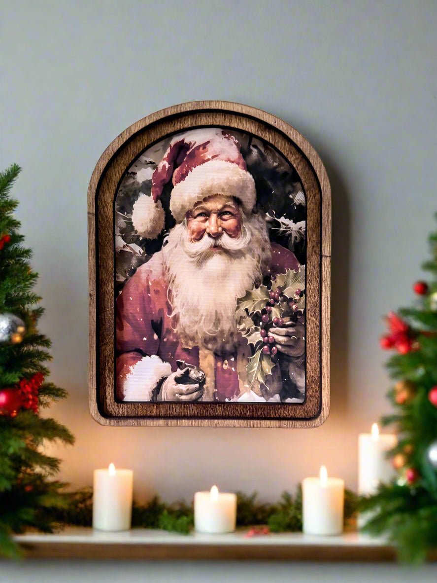 Handcrafted 8&quot; Canvas on Wood Christmas Arch Top Santa With Holly Framed Art - The Primitive Pineapple Collection