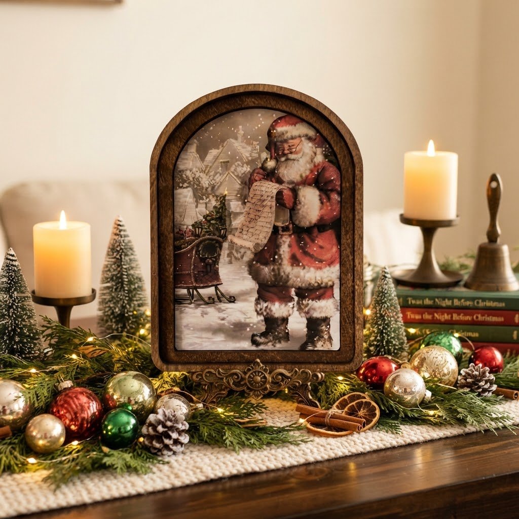 Santa List Arch Top Framed Christmas Art, 6" x 8" - The Primitive Pineapple Collection
