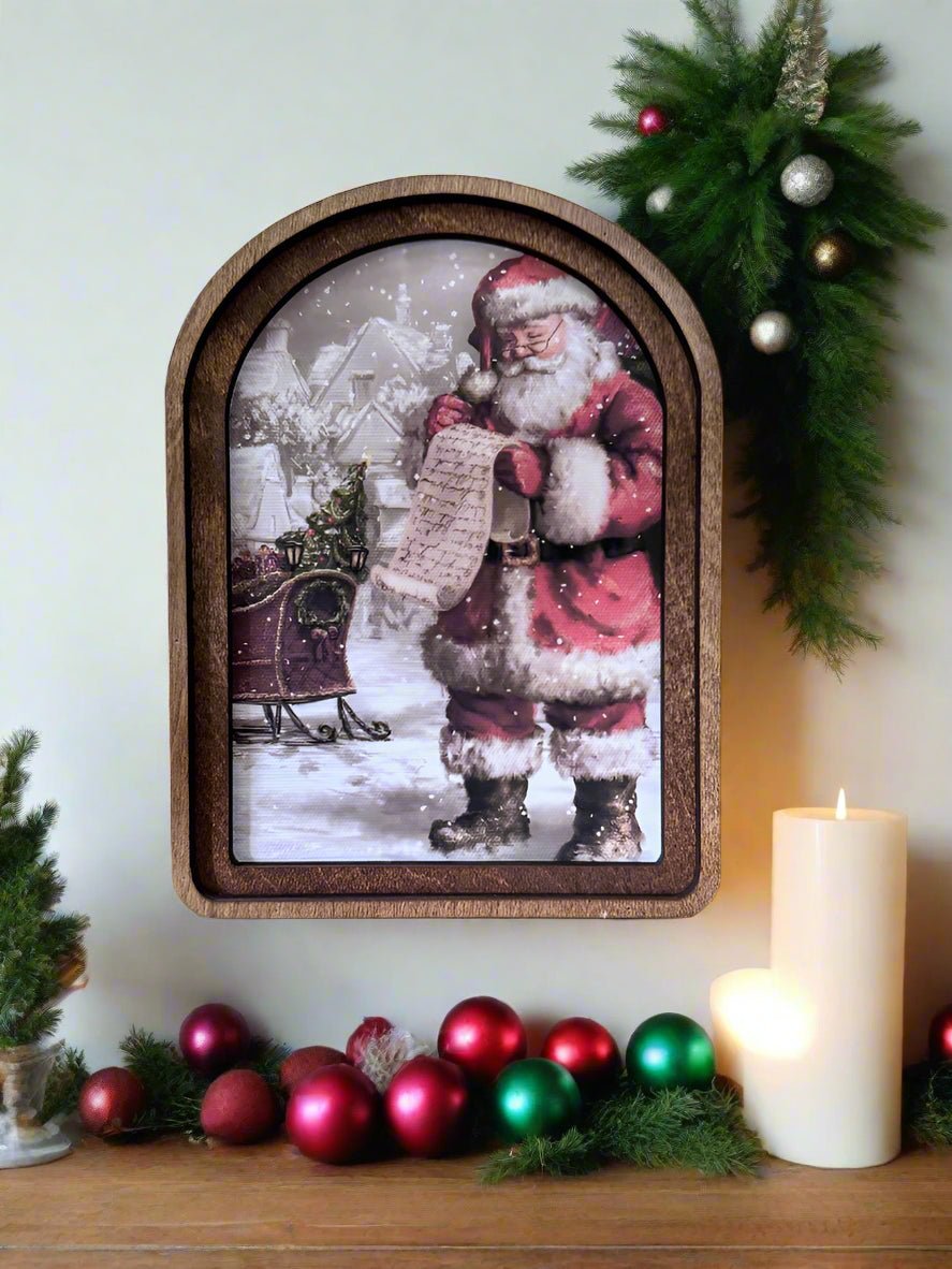 Handcrafted 8&quot; Canvas on Wood Christmas Arch Top Santa List Framed Art - The Primitive Pineapple Collection