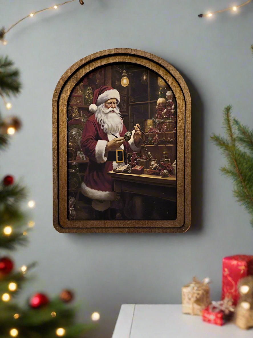 Handcrafted 8&quot; Canvas on Wood Christmas Vintage Santa&