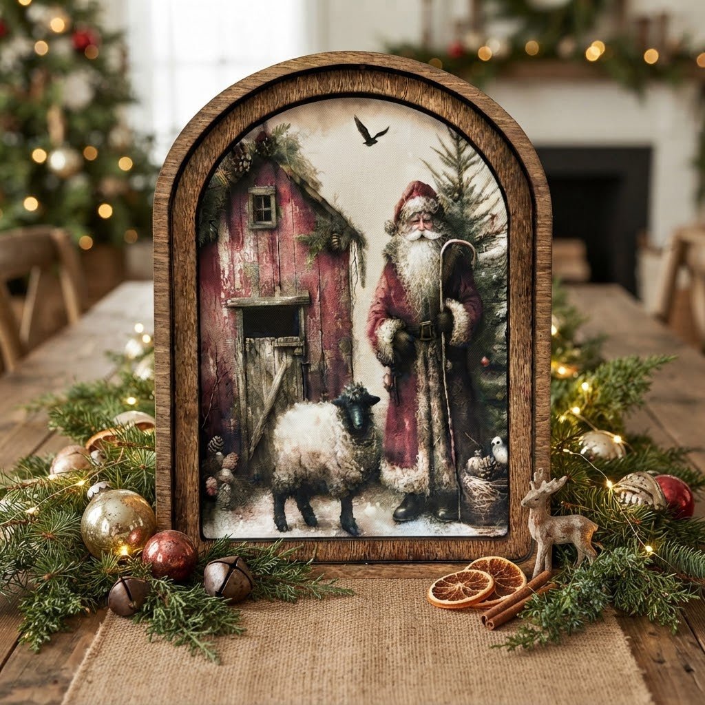 Santa &amp; Sheep Arch Top Framed Canvas Art, 6" x 8" - The Primitive Pineapple Collection