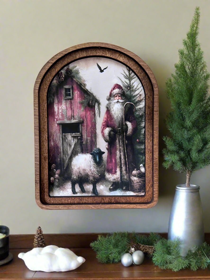 Handcrafted 8&quot; Canvas on Wood Christmas Arch Top Santa Sheep Framed Art - The Primitive Pineapple Collection