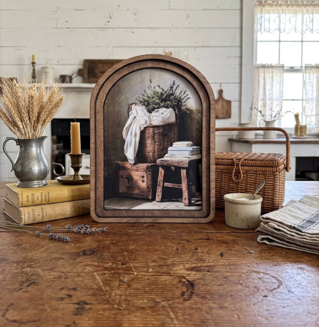 Handcrafted Retro 8" Canvas on Wood Arch Top Farmhouse Towel Basket Framed Art - The Primitive Pineapple Collection