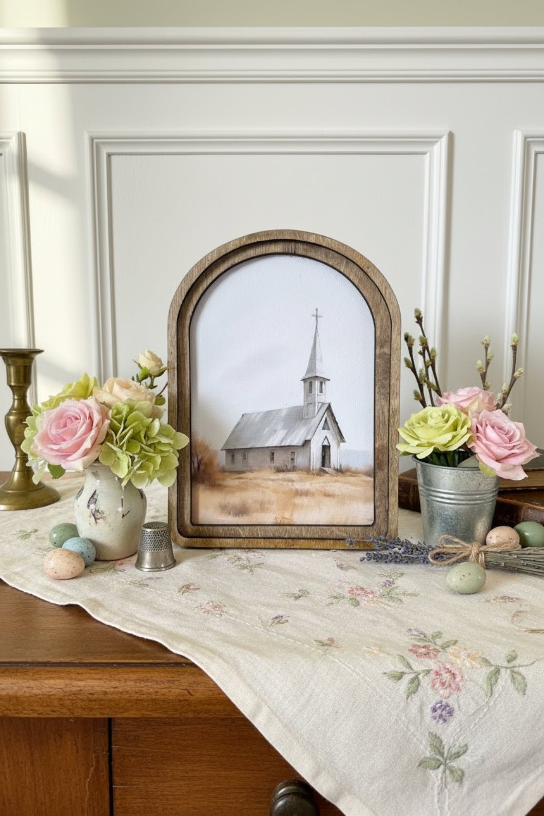 Handcrafted Retro 8" Canvas on Wood White Church Framed Art - The Primitive Pineapple Collection