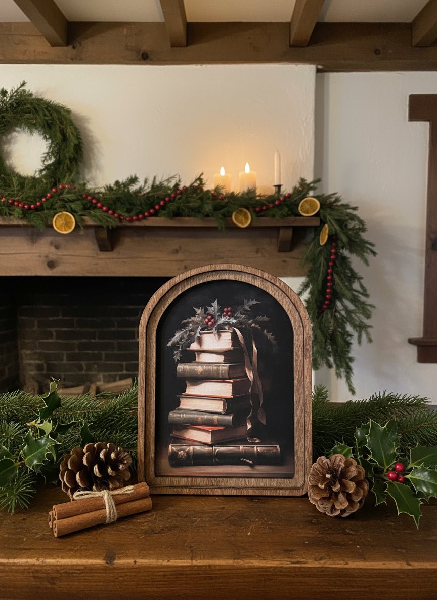Handcrafted 8&quot; Canvas on Wood Christmas Arch Top Christmas Books Framed Art - The Primitive Pineapple Collection