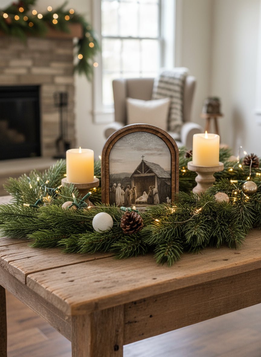 Handcrafted 8&quot; Canvas on Wood Christmas Arch Top Nativity Scene Framed Art - The Primitive Pineapple Collection