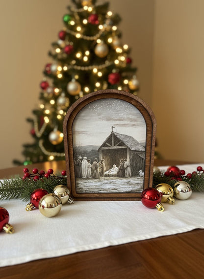Handcrafted 8&quot; Canvas on Wood Christmas Arch Top Nativity Scene Framed Art - The Primitive Pineapple Collection