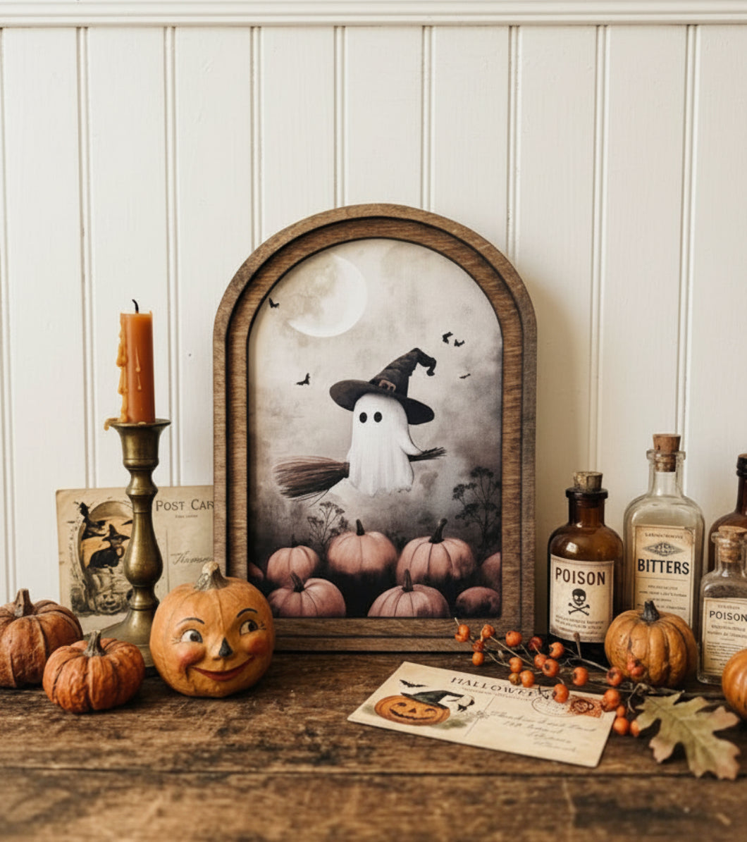 Handcrafted Retro 8" Arch Top Halloween Ghostie Witch on Broom Framed Art
