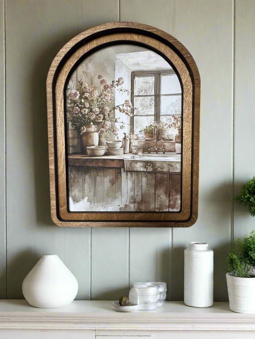 Handcrafted Retro 8&quot; Canvas on Wood Arch Top Rustic Kitchen Framed Art - The Primitive Pineapple Collection