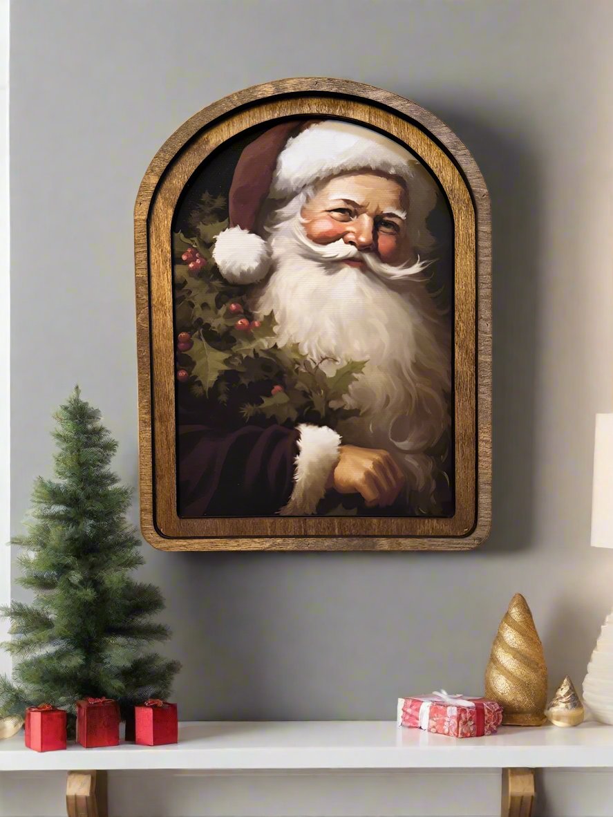 Handcrafted 8&quot; Canvas on Wood Christmas Vintage Kris Kringle Framed Art