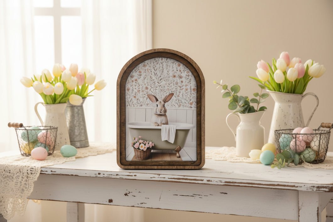 Handcrafted Retro 8" Canvas on Wood Spring Easter Bunny in Tub Framed Art - The Primitive Pineapple Collection