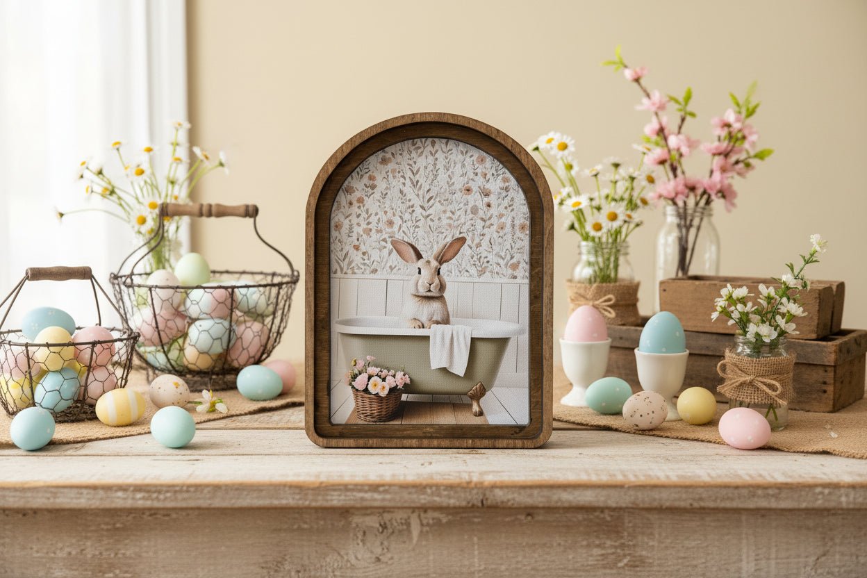 Handcrafted Retro 8" Canvas on Wood Spring Easter Bunny in Tub Framed Art - The Primitive Pineapple Collection
