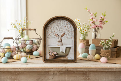 Handcrafted Retro 8" Canvas on Wood Spring Easter Bunny in Tub Framed Art - The Primitive Pineapple Collection