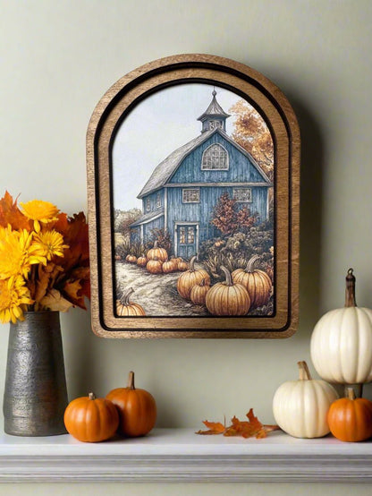 Handcrafted Retro 8&quot; Canvas on Wood Arch Top Fall Blue Barn w/ Pumpkins Framed Art - The Primitive Pineapple Collection