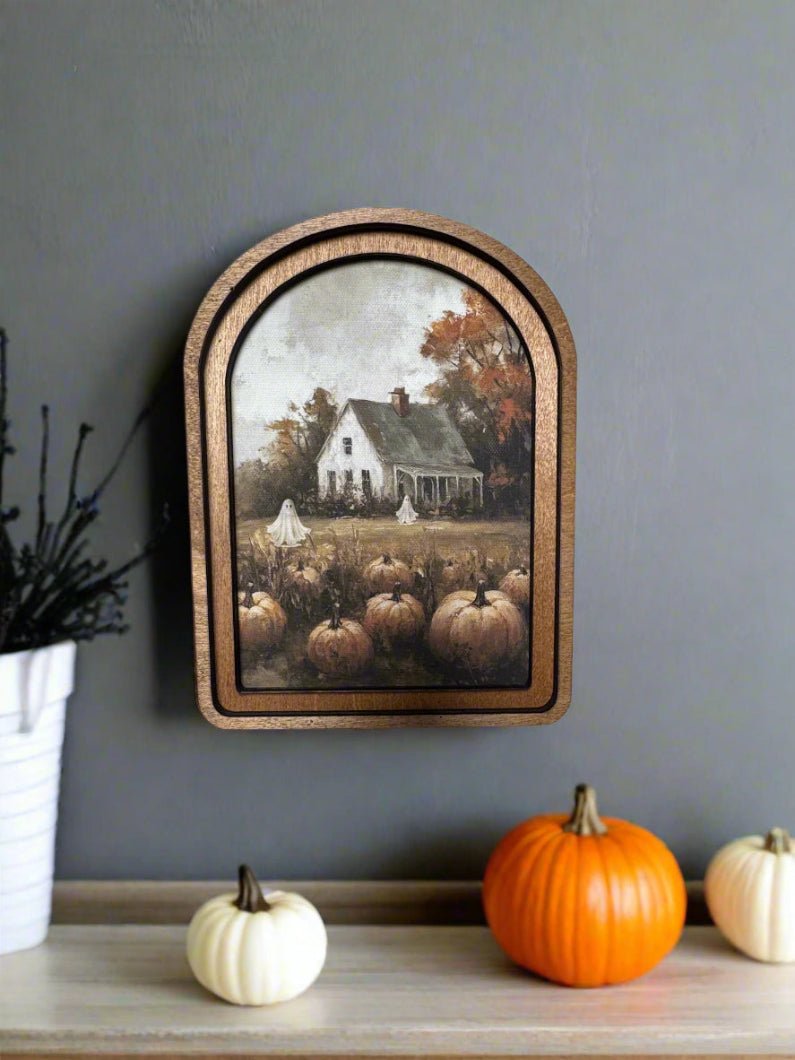 Handcrafted Retro 8&quot; Canvas on Wood Arch Top Halloween Pumpkin Farmhouse Framed Art - The Primitive Pineapple Collection