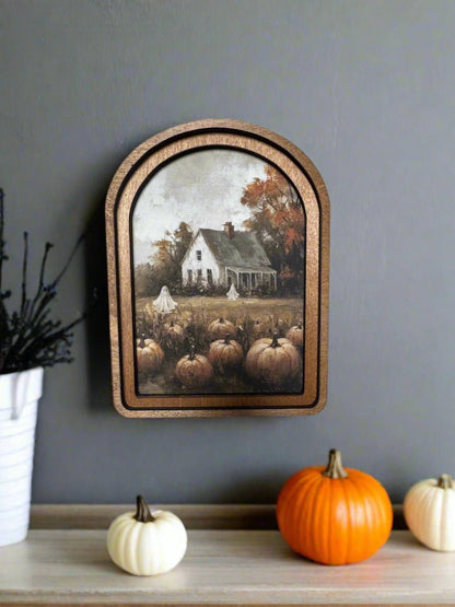Handcrafted Retro 8&quot; Canvas on Wood Arch Top Halloween Pumpkin Farmhouse Framed Art - The Primitive Pineapple Collection
