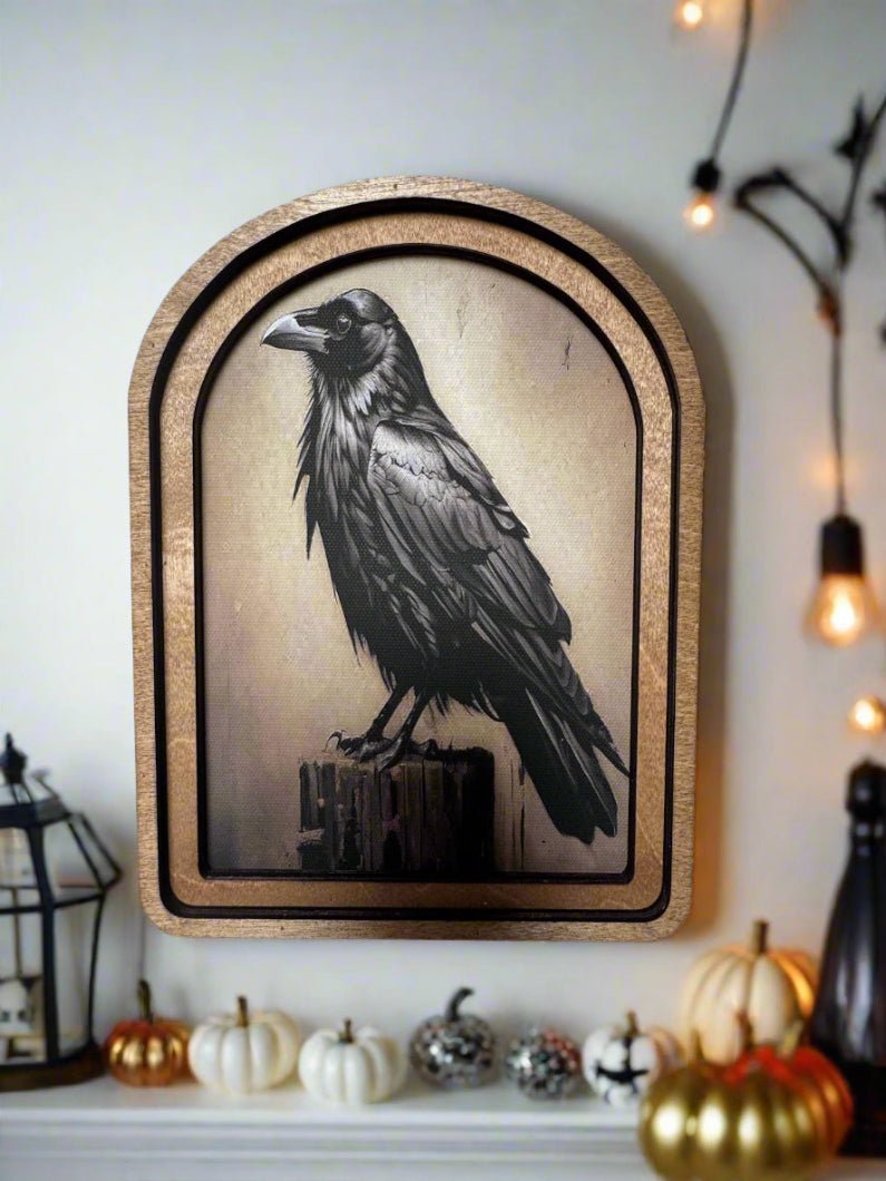 Handcrafted Retro 8&quot; Canvas on Wood Arch Top Halloween Raven Framed Art - The Primitive Pineapple Collection