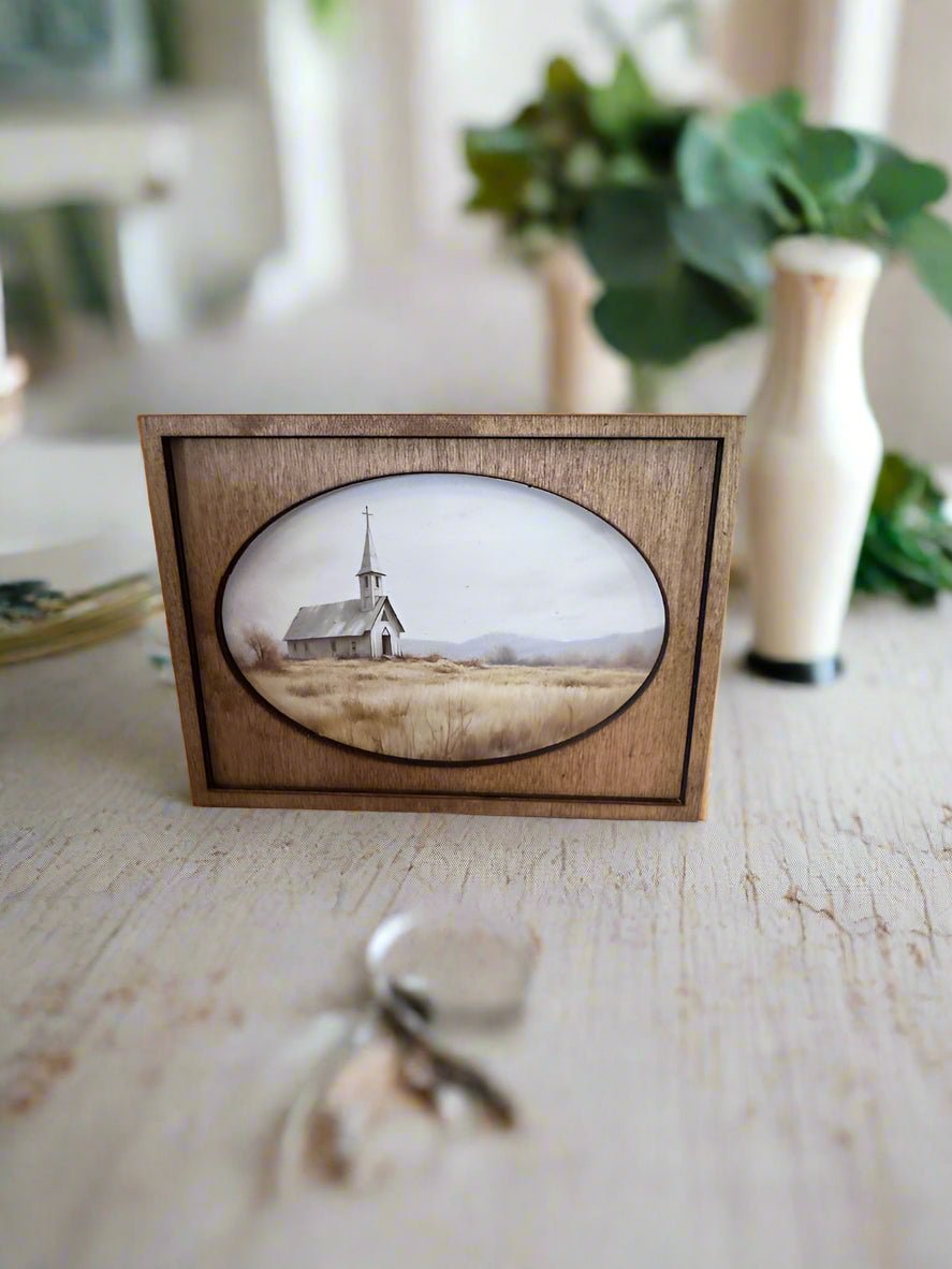 Handcrafted 7.5" Canvas on Wood Colonial Church on Prairie Framed Art - The Primitive Pineapple Collection