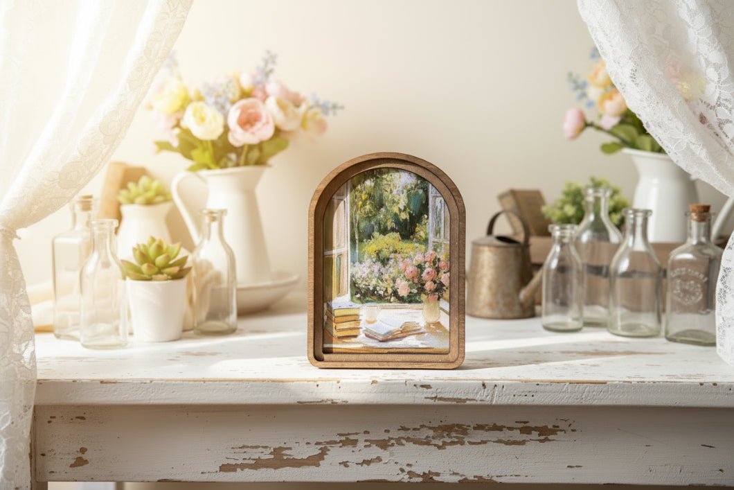 Handcrafted Retro 8" Canvas on Wood Primitive Spring Window Painting Arched Framed Art - The Primitive Pineapple Collection