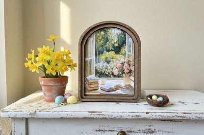 Handcrafted Retro 8" Canvas on Wood Primitive Spring Window Painting Arched Framed Art - The Primitive Pineapple Collection