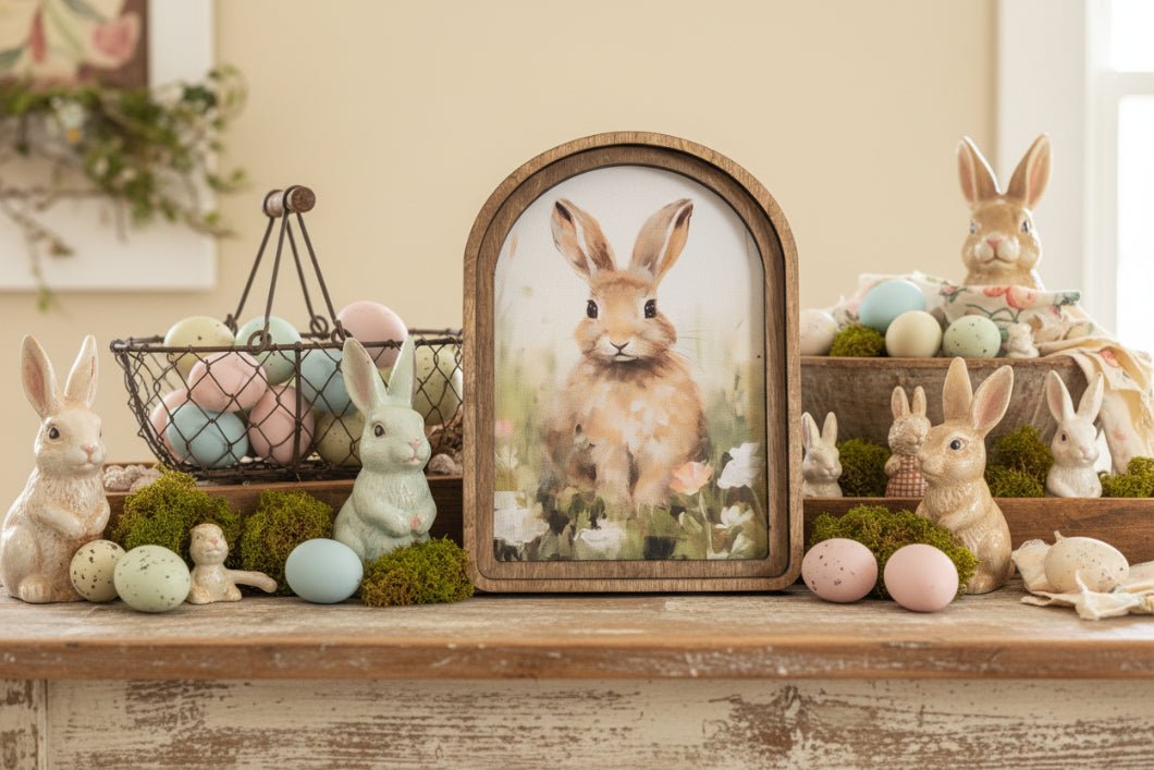 Handcrafted Retro 8" Canvas on Wood Spring Easter Tan Bunny Framed Art - The Primitive Pineapple Collection