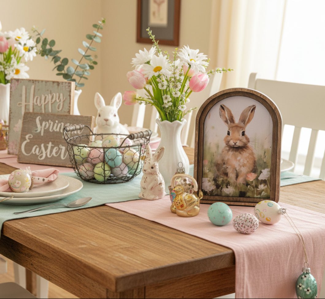 Handcrafted Retro 8" Canvas on Wood Spring Easter Tan Bunny Framed Art - The Primitive Pineapple Collection