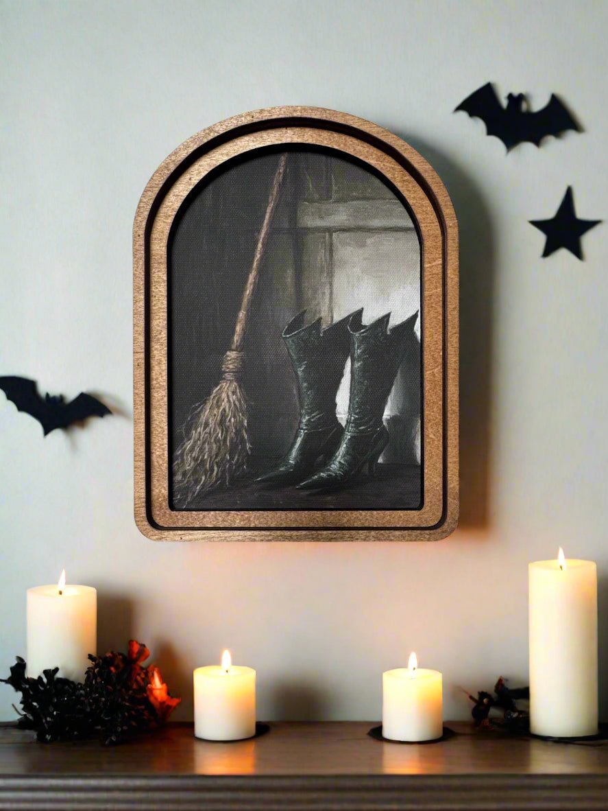 Handcrafted Retro 8&quot; Canvas on Wood Arch Top Witch Boots and Broom Framed Art - The Primitive Pineapple Collection