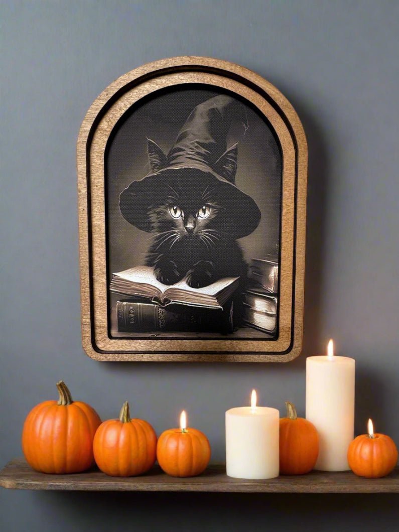 Handcrafted Retro 8&quot; Canvas on Wood Arch Top Halloween Witch&