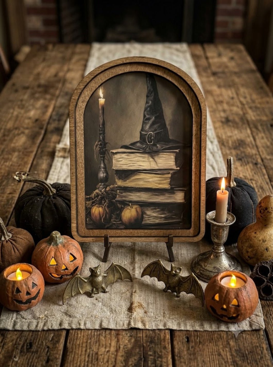 Handcrafted Retro 8" Canvas on Wood Arch Top Halloween Witch Hat w/ Books Framed Art - The Primitive Pineapple Collection