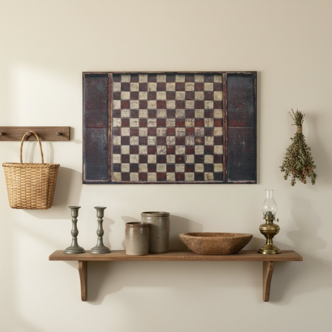 Ragon House 28" x 18" Vintage Wooden Look Checkerboard Metal Print Sign - The Primitive Pineapple Collection