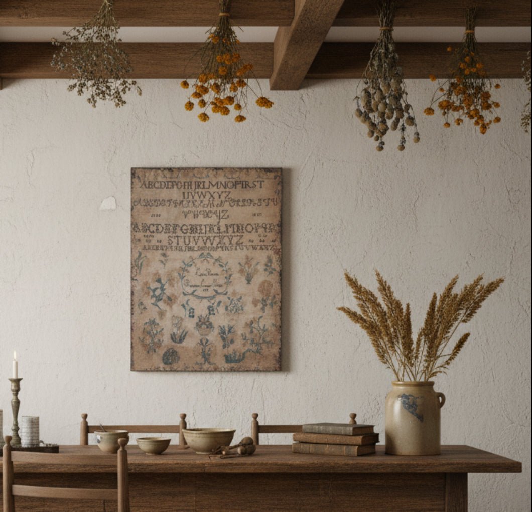 Primitive Colonial Ragon House 24" Vintage Inspired Sampler Print - The Primitive Pineapple Collection