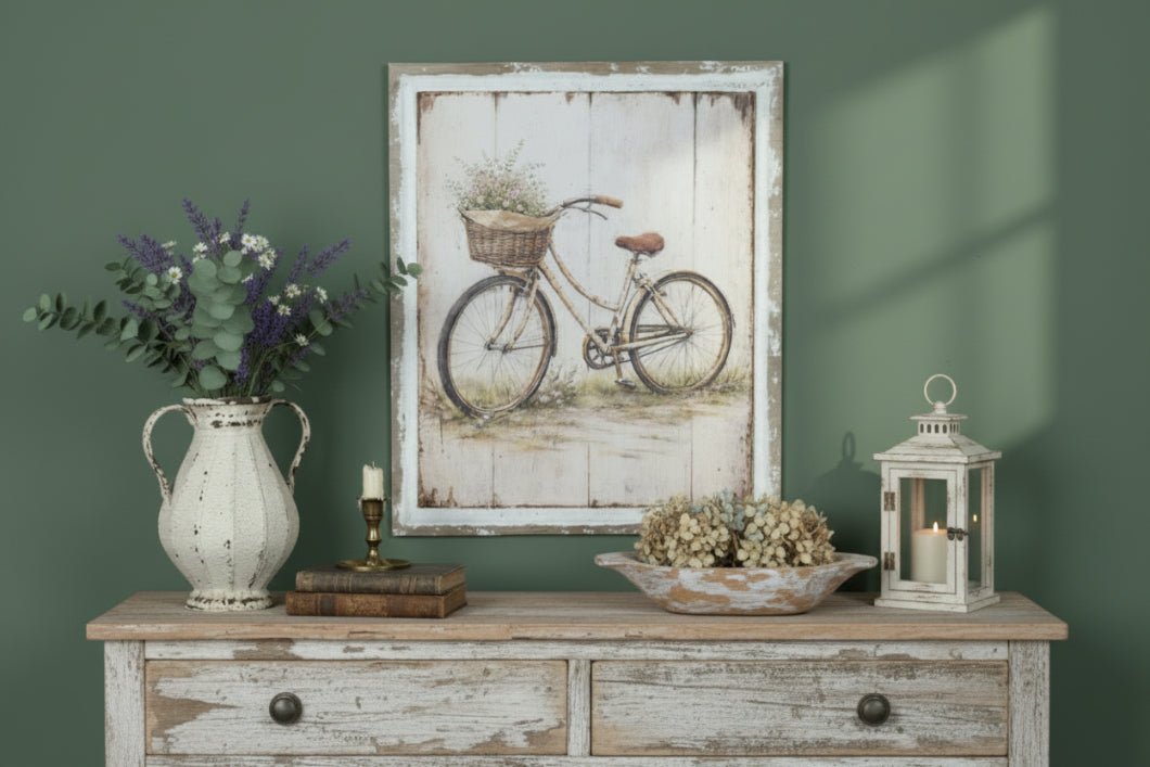 Primitive Ragon House 20" x 24" Spring Bike Wood Print Sign - The Primitive Pineapple Collection